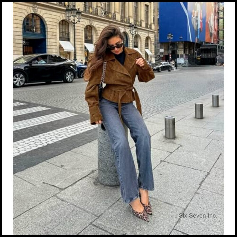Faux Suede Collar Moto Jacket Long Sleeve Oversized Casual Fit Coat - Picture 5 of 5